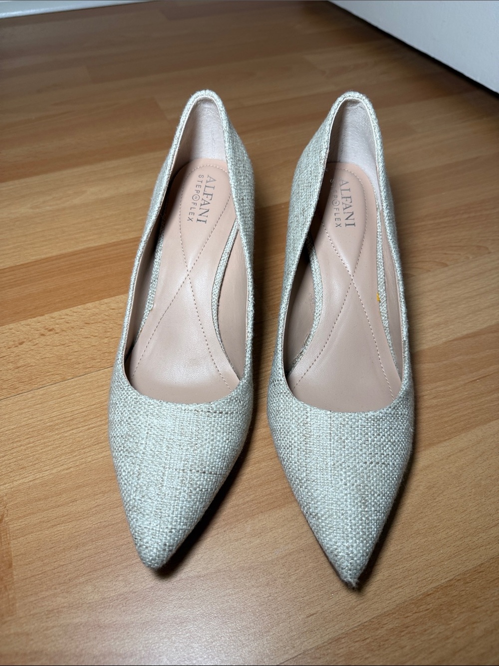 Alfani Cream Pointed Toe Heels in Natural Woven Fabric
